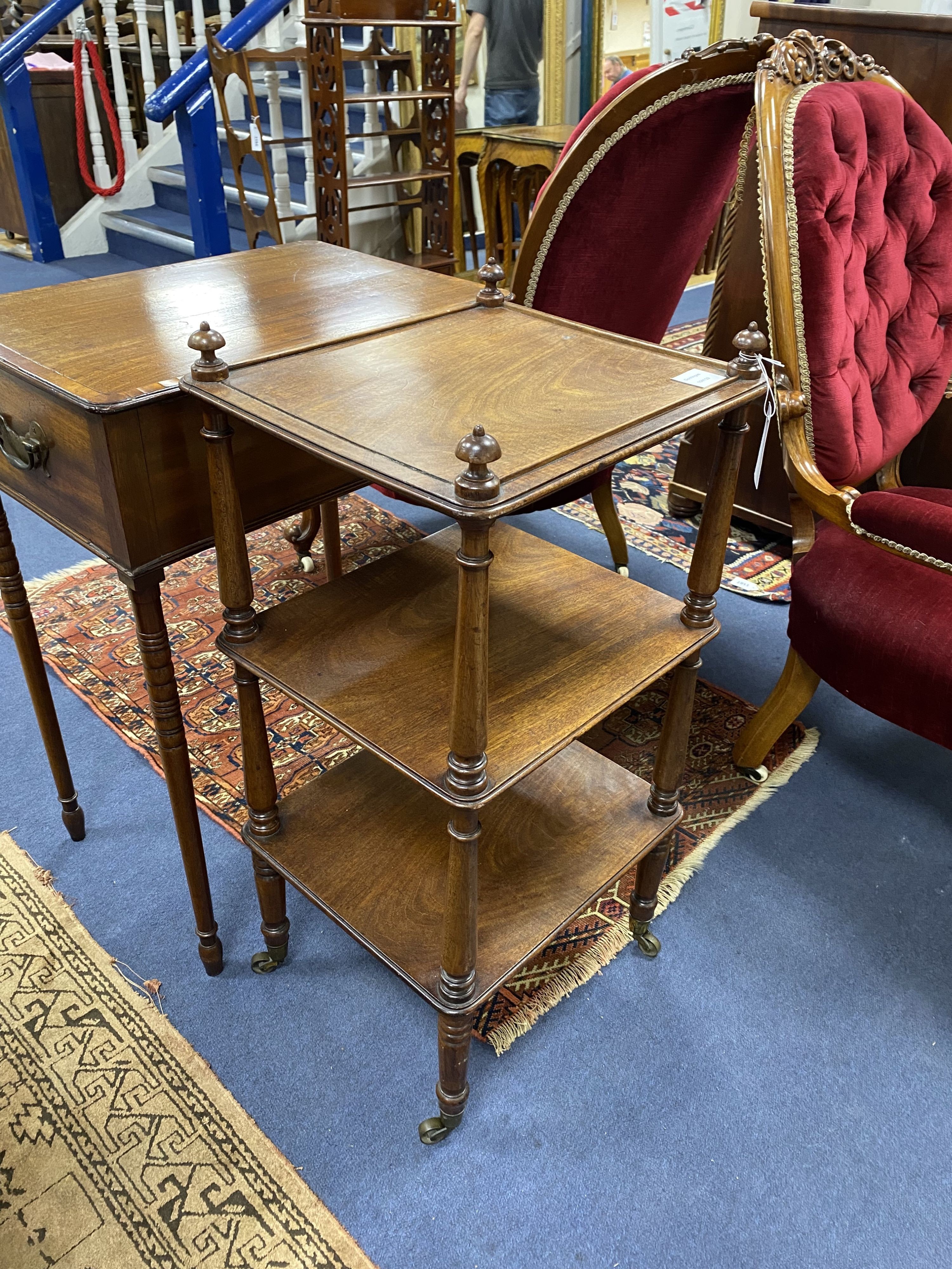 A 19th century mahogany three tier whatnot, width 39cm, depth 35cm, height 79cm